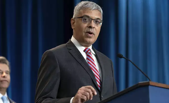 Director of the National Institutes of Health Jay Bhattacharya speaks during a news conference on the FDA's intent to phase out the use of petroleum-based synthetic dyes in the nation's food supply at the Hubert Humphrey Building Auditorium in Washington, Tuesday, April 22, 2025. (AP Photo/Jose Luis Magana)