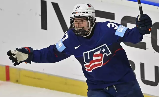 United States' Abbey Murphy celebrates a goal against the Czech Republic during a Group A match at the women's world ice hockey championships, Friday, April 11, 2025, in Ceske Budejovice, Czech Republic. (Vaclav Pancer/CTK via AP)