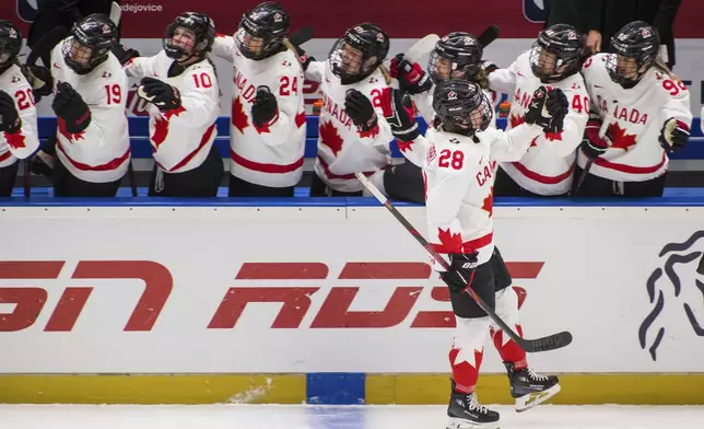 Canada's Micah Zandee-Hart celebrates scoring during the IIHF Women's World Championship, Group A, match between Switzerland and Canada, in Ceske Budejovice, Czech Republic, Friday, April 11, 2025. (Petr Skrivanek/CTK via AP)