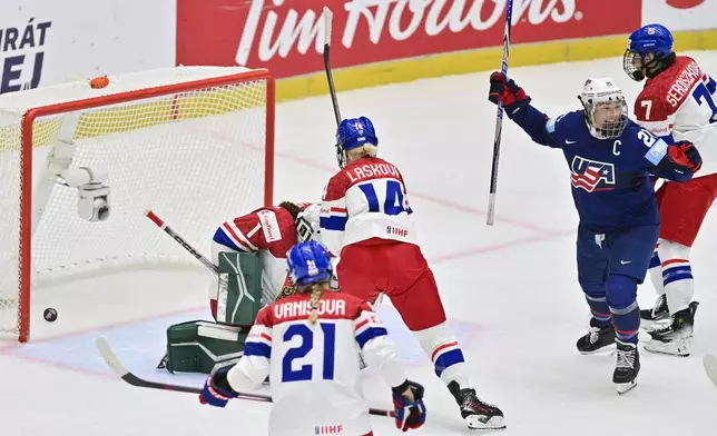United States' Hilary Knight (21) celebrates a goal against the Czech Republic during a Group A match at the women's world ice hockey championships, Friday, April 11, 2025, in Ceske Budejovice, Czech Republic. (Vaclav Pancer/CTK via AP)