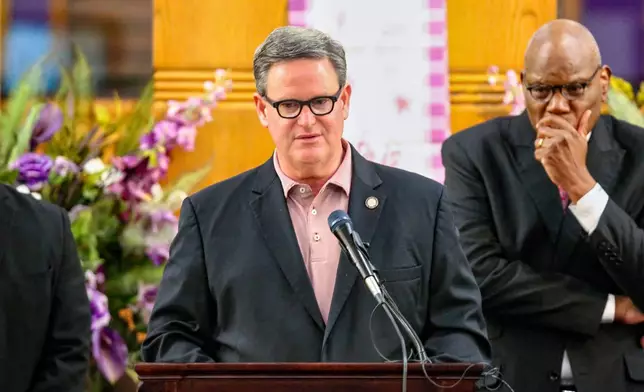 Tallahassee Mayor John Dailey addresses the Bethel Missionary Baptist Church congregation about the shooting at Florida State University before a Good Friday service, Tallahassee, Fla., Friday, April 18, 2025. (AP Photo/Gary McCullough)