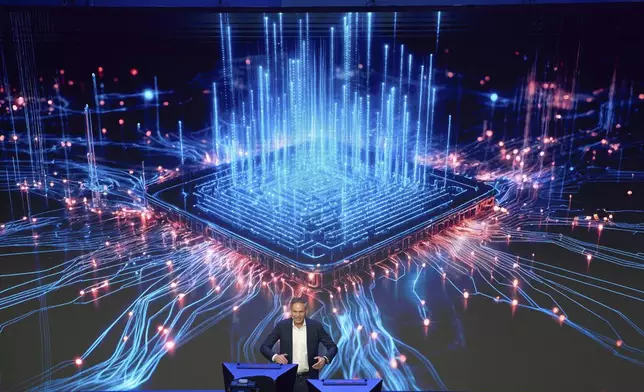Olive Blume, Chairman of the Board of Management of Volkswagen Group, speaks during a media night ahead of the Auto Show in Shanghai, Tuesday, April 22, 2025. (AP Photo/Ng Han Guan)