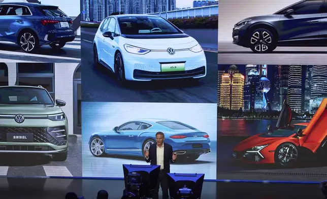 Olive Blume, Chairman of the Board of Management of Volkswagen Group speaks during a media night ahead of the Auto Show in Shanghai, Tuesday, April 22, 2025. (AP Photo/Ng Han Guan)