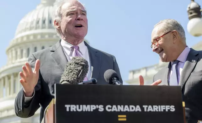 FILE - Sen. Tim Kaine, D-Va., speaks during a news conference regarding President Donald Trump's pending tariffs on Canada, at the Capitol, April 1, 2025, in Washington. (AP Photo/Rod Lamkey, Jr.. File)
