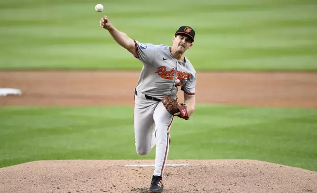 Baltimore Orioles starting pitcher Dean Kremer throws during the second inning of a baseball game against the Washington Nationals, Tuesday, April 22, 2025, in Washington. (AP Photo/Nick Wass)