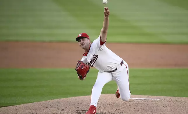 Washington Nationals starting pitcher Mitchell Parker throws against the Baltimore Orioles during the second inning of a baseball game, Tuesday, April 22, 2025, in Washington. (AP Photo/Nick Wass)