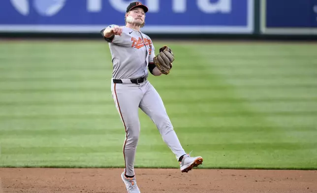 Baltimore Orioles shortstop Gunnar Henderson throws to first base on a ball hit by Washington Nationals' James Wood for a single during the second inning of a baseball game, Tuesday, April 22, 2025, in Washington. (AP Photo/Nick Wass)
