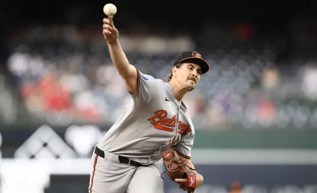 Baltimore Orioles starting pitcher Dean Kremer throws during the first inning of a baseball game against the Washington Nationals, Tuesday, April 22, 2025, in Washington. (AP Photo/Nick Wass)
