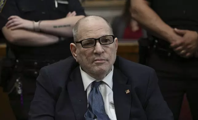 Harvey Weinstein appears in Manhattan Supreme Court on the second day of jury selection in the rape trial against him, in New York, Wednesday, April 16, 2025. (Curtis Means/Pool Photo via AP)