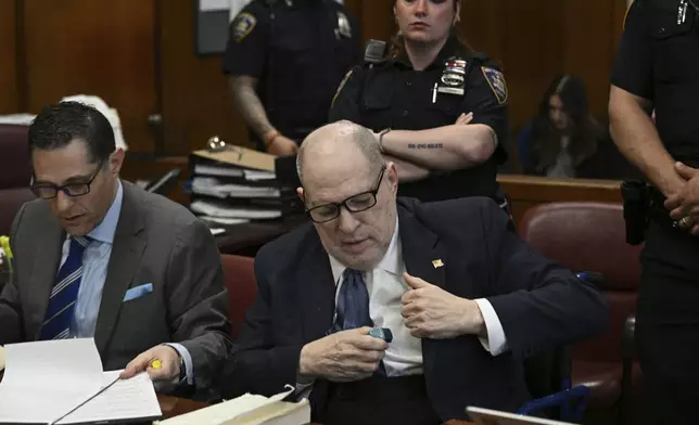 Harvey Weinstein appears in Manhattan Supreme Court on the second day of jury selection in the rape trial against him, in New York, Wednesday, April 16, 2025. (Curtis Means/Pool Photo via AP)