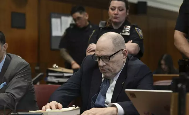 Harvey Weinstein appears in Manhattan Supreme Court on the second day of jury selection in the rape trial against him, in New York, Wednesday, April 16, 2025. (Curtis Means/Pool Photo via AP)
