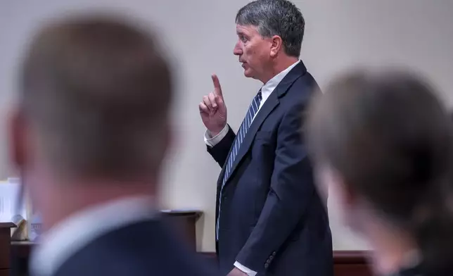 Gregory P. Williams, an attorney for The Associated Press, CBS News and CBS Studios, argues against an injunction to prevent the release of photos and other evidence related to the death of the actor Gene Hackmans and his wife Betsy Arakawa Hackman last month, during a court hearing in Santa Fe, N.M., Monday, March 31, 2025. (Eddie Moore/The Albuquerque Journal via AP)