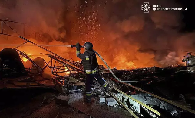In this photo provided by the Ukrainian Emergency Service, firefighters put out the fire following Russia's drones attack in Kamianske, Dnipropetrovsk region, Ukraine, Wednesday, April 16, 2025. (Ukrainian Emergency Service via AP)