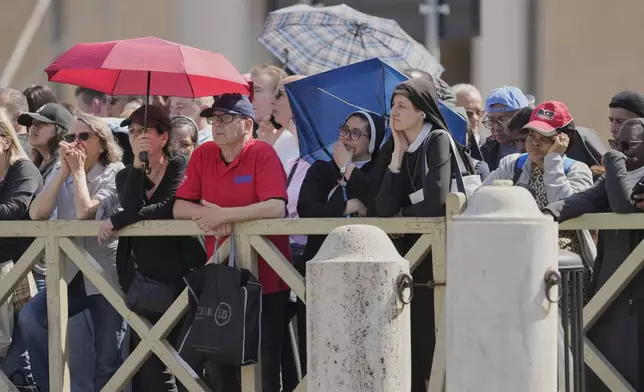 People line up to see the body of Pope Francis is in St. Peter's Basilica at the Vatican, Wednesday, April 23, 2025, where he will lie in state for three days. (AP Photo/Markus Schreiber)