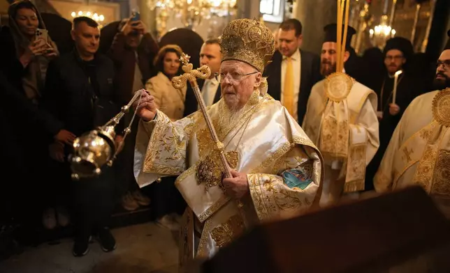 Ecumenical Patriarch Bartholomew I, the spiritual leader of the world's Eastern Orthodox Christians, leads the Easter Sunday Resurrection liturgy, marking the end of the Holy Week at the Patriarchal Church of St. George in Istanbul, Turkey, Sunday, April 20, 2025. (AP Photo/Emrah Gurel)