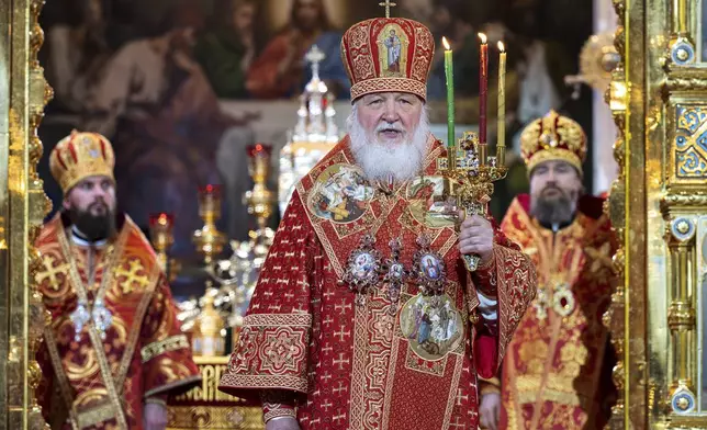 Russian Orthodox Church Patriarch Kirill leads the Orthodox Easter service at Christ the Saviour Cathedral in Moscow, Russia, on Sunday, April 20, 2025. (Oleg Varov/Russian Orthodox Church Press Service via AP)