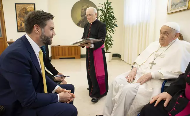 Pope Francis receives U.S. Vice President JD Vance, left, before bestowing the Urbi et Orbi (Latin for to the city and to the world) blessing at the end of the Easter mass presided over by Cardinal Angelo Comastri in St. Peter's Square at the Vatican Sunday, April 20, 2025. At center the head of the papal houshold Bishop Leonardo Sapienza. (Vatican Media via AP, HO)