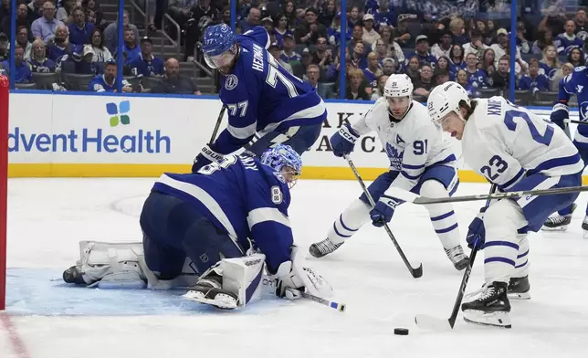Toronto Maple Leafs left wing Matthew Knies (23) prepares to score past Tampa Bay Lightning goaltender Andrei Vasilevskiy (88) during the third period of an NHL hockey game Wednesday, April 9, 2025, in Tampa, Fla. (AP Photo/Chris O'Meara)