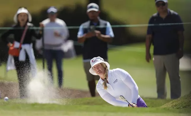 Ingrid Lindblad hits from the bunker on the sixth hole during the final round of the LPGA's JM Eagle LA Championship golf tournament at El Caballero Country Club Sunday, April 20, 2025, in Los Angeles. (AP Photo/Jessie Alcheh)