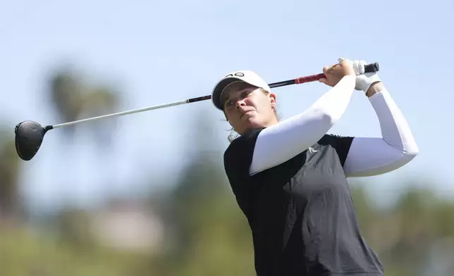 Lauren Coughlin hits from the seventh tee during the final round of the LPGA's JM Eagle LA Championship golf tournament at El Caballero Country Club Sunday, April 20, 2025, in Los Angeles. (AP Photo/Jessie Alcheh)