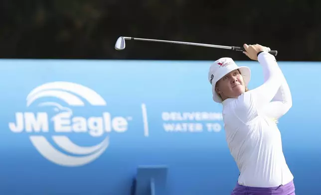 Ingrid Lindblad hits from the fifteenth tee during the final round of the LPGA's JM Eagle LA Championship golf tournament at El Caballero Country Club Sunday, April 20, 2025, in Los Angeles. (AP Photo/Jessie Alcheh)