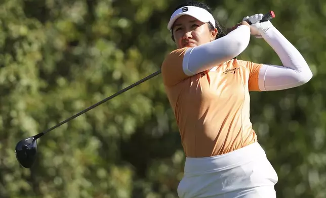 Savannah Katarina Grewal hits from the fifth tee during the final round of the LPGA's JM Eagle LA Championship golf tournament at El Caballero Country Club Sunday, April 20, 2025, in Los Angeles. (AP Photo/Jessie Alcheh)