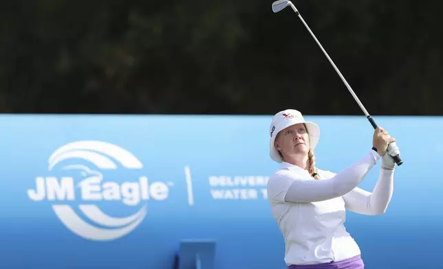 Ingrid Lindblad looks on after hitting from the fifteenth tee during the final round of the LPGA's JM Eagle LA Championship golf tournament at El Caballero Country Club Sunday, April 20, 2025, in Los Angeles. (AP Photo/Jessie Alcheh)
