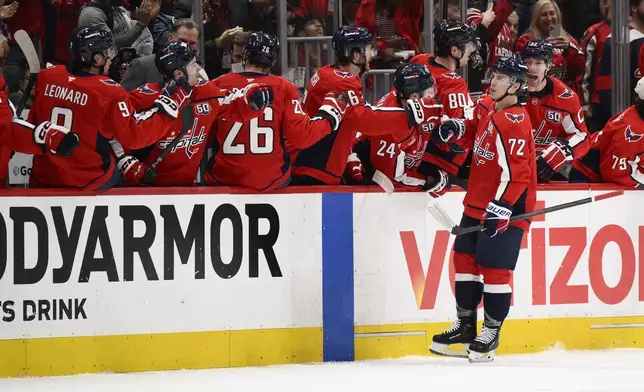 Washington Capitals left wing Anthony Beauvillier (72) celebrates after his goal in the second period of Game 1 of a first-round NHL hockey playoff series against the Montreal Canadiens, Monday, April 21, 2025, in Washington. (AP Photo/Nick Wass)