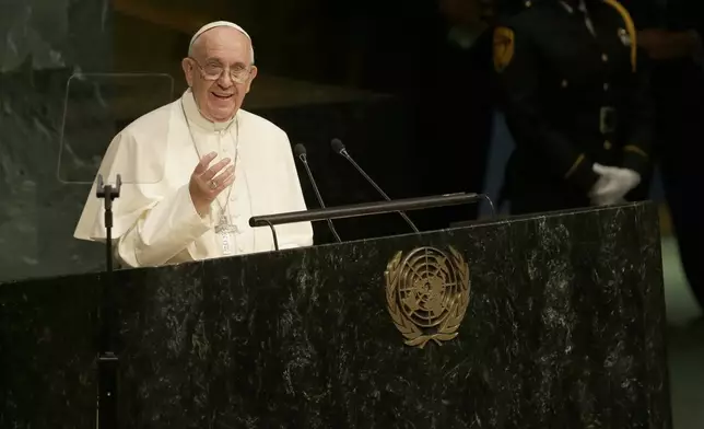 FILE - Pope Francis addresses the 70th session of the United Nations General Assembly, Friday, Sept. 25, 2015 at United Nations headquarters. (AP Photo/Mary Altaffer, File)