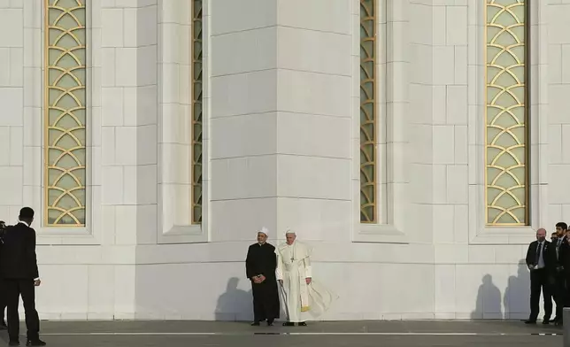 FILE - Pope Francis, right, and the Grand Imam of Al Azhar Ahmed el-Tayeb pose for a photo at the Sheikh Zayed Grand Mosque in Abu Dhabi, United Arab Emirates, Monday, Feb. 4, 2019. (AP Photo/Kamran Jebreili, File)