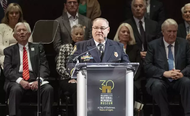 Champlain (Ret) Teddy Wilson reads the Invocation during the 30th anniversary memorial service for the victims of the 1995 Oklahoma City bombing, in Oklahoma City, Saturday, April 19, 2025. (AP Photo/Alonzo Adams)