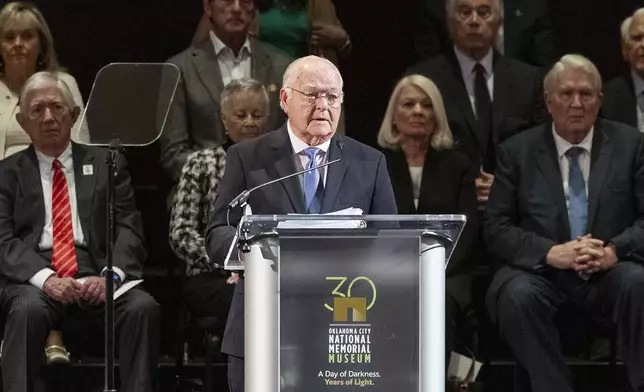 Former Oklahoma City Mayor Ron Norick, reads the Oklahoma City Memorial Mission Statement and leads guest in 168 Seconds of Silence during the 30th anniversary memorial service for the victims of the 1995 Oklahoma City bombing, in Oklahoma City, Saturday, April 19, 2025. (AP Photo/Alonzo Adams)