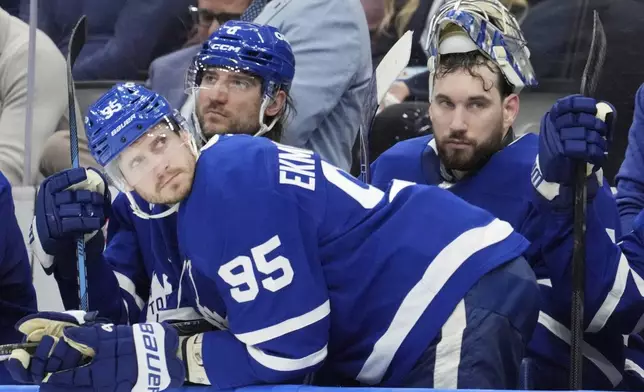 Toronto Maple Leafs Oliver Ekman-Larsson (95) looks on as the Toronto Maple Leafs lose to the Ottawa Senators during NHL playoff action in Toronto, on Tuesday, April 29, 2025. (Frank Gunn/The Canadian Press via AP)