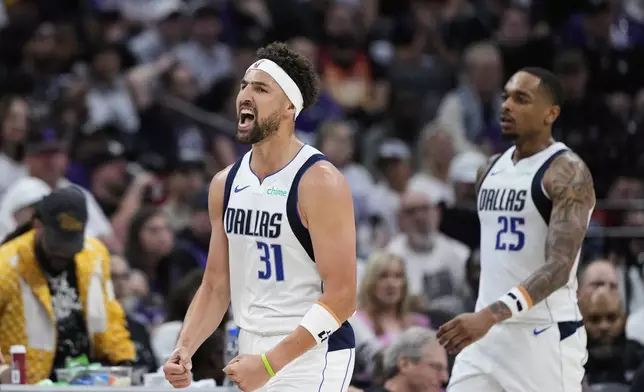 Dallas Mavericks guard Klay Thompson (31) reacts during the first half of an NBA play-in tournament basketball game against the Sacramento Kings, Wednesday, April 16, 2025, in Sacramento, Calif. (AP Photo/Godofredo A. Vásquez)
