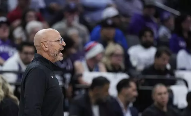 Dallas Mavericks head coach Jason Kidd reacts during the first half of an NBA play-in tournament basketball game against the Sacramento Kings, Wednesday, April 16, 2025, in Sacramento, Calif. (AP Photo/Godofredo A. Vásquez)