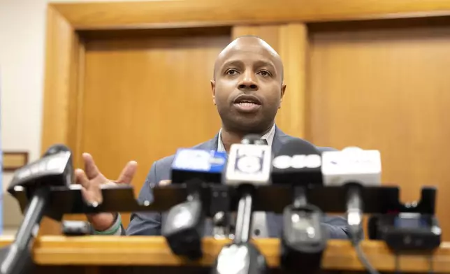 Milwaukee Mayor Cavalier Johnson addresses the media Friday, April 25, 2025, in Milwaukee after county Judge Hannah Dugan was arrested on courthouse grounds. (AP Photo/Andy Manis)