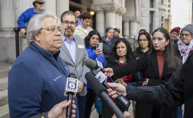 Rep. Christine Sinicki, D-Milwaukee, addresses the media outside of the federal courthouse Friday, April 25, 2025, in Milwaukee after county Judge Hannah Dugan was arrested. (AP Photo/Andy Manis)
