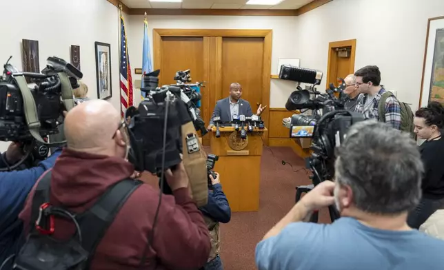 Milwaukee Mayor Cavalier Johnson addresses the media Friday, April 25, 2025, in Milwaukee after county Judge Hannah Dugan was arrested on courthouse grounds. (AP Photo/Andy Manis)