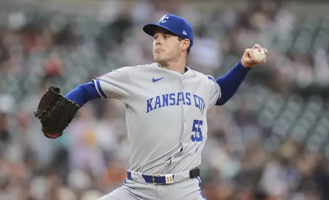 Kansas City Royals pitcher Cole Ragans throws against the Detroit Tigers in the first inning during a baseball game, Friday, April 18, 2025, in Detroit. (AP Photo/Paul Sancya)