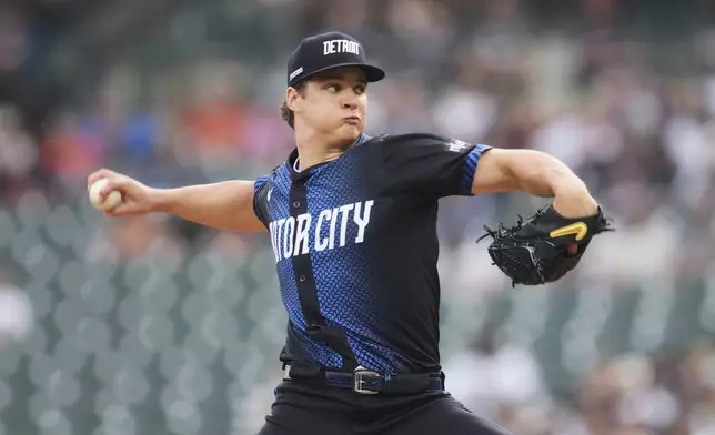 Detroit Tigers pitcher Jackson Jobe throws against the Kansas City Royals in the first inning during a baseball game, Friday, April 18, 2025, in Detroit. (AP Photo/Paul Sancya)