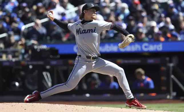 Miami Marlins' Max Meyer pitches during the first inning of a baseball game against the New York Mets, Wednesday, April 9, 2025, in New York. (AP Photo/Pamela Smith)
