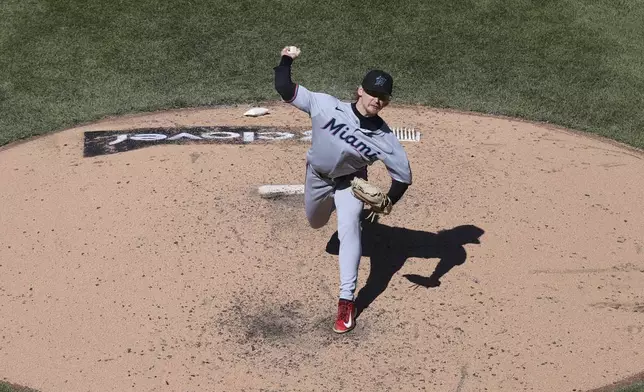 Miami Marlins' Max Meyer pitches during the sixth inning of a baseball game against the New York Mets, Wednesday, April 9, 2025, in New York. (AP Photo/Pamela Smith)