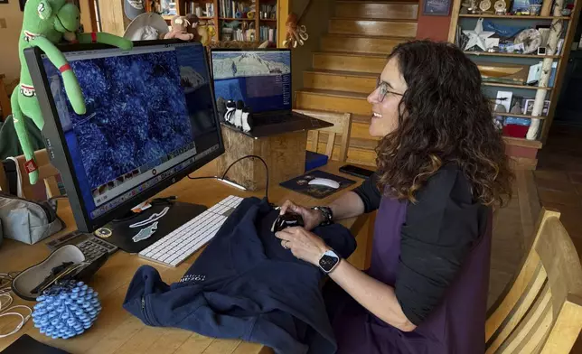 Rachael Z. Miller, founder of the Vermont-based Rozalia Project for a Clean Ocean, examines a fleece jacket using a microscope to display the microfibers that make up a single garment on Thursday, April 17, 2025, in Granville, Vt. (AP Photo/Amanda Swinhart)