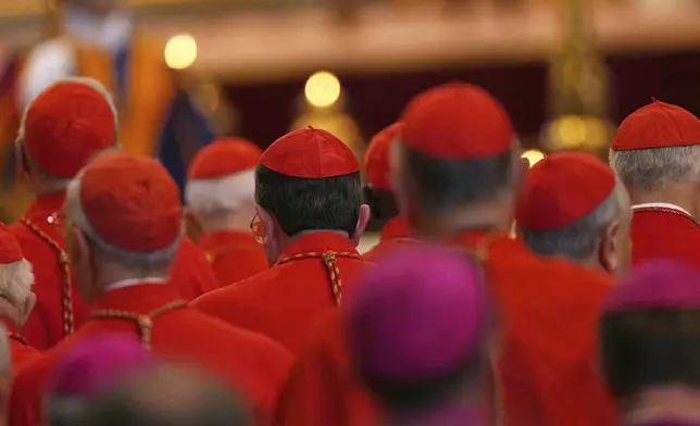 Cardinals stand by the body of Pope Francis, who will lie in state for three days, after it arrived in St. Peter's Basilica at the Vatican, Wednesday, April 23, 2025. (AP Photo/Francisco Seco)