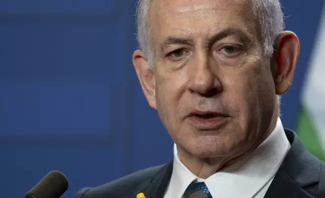 Israeli Prime Minister Benjamin Netanyahu speaks during a press statement at the Carmelite Monastery in the Buda Castle in Budapest, Hungary, Thursday, April 3, 2025. (AP Photo/Denes Erdos)