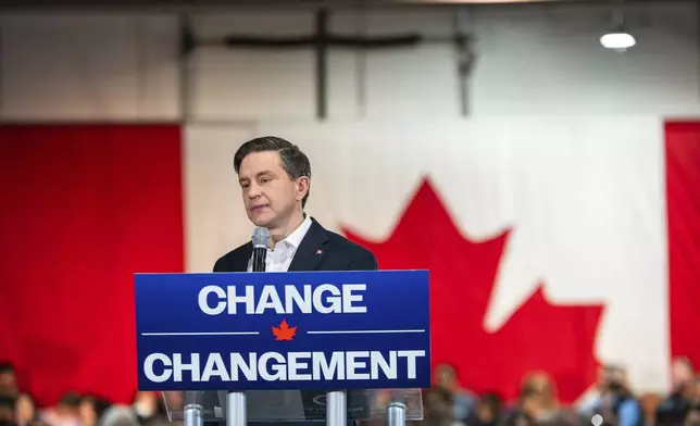 Conservative Leader Pierre Poilievre speaks at a rally in Oakville, Ontario, Sunday, April 27, 2025. (Laura Proctor/The Canadian Press via AP)