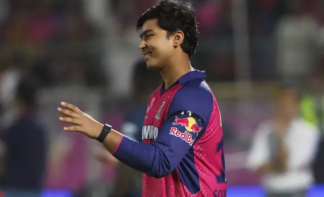 Rajasthan Royals' Vaibhav Suryavanshi reacts after their win in the Indian Premier League cricket match against Gujarat Titans at Sawai Mansingh Stadium in Jaipur, India, Monday, April 28, 2025. (AP Photo/Surjeet Yadav)