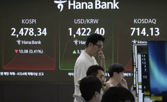 Currency traders watch monitors near a screen showing the Korea Composite Stock Price Index (KOSPI), top left, and the foreign exchange rate between U.S. dollar and South Korean won, top center, at the foreign exchange dealing room of the KEB Hana Bank headquarters in Seoul, South Korea, Tuesday, April 22, 2025. (AP Photo/Ahn Young-joon)