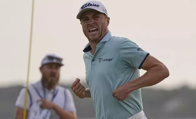 Justin Thomas celebrates after winning the RBC Heritage golf tournament, Sunday, April 20, 2025, in Hilton Head Island, S.C. (AP Photo/Mike Stewart)