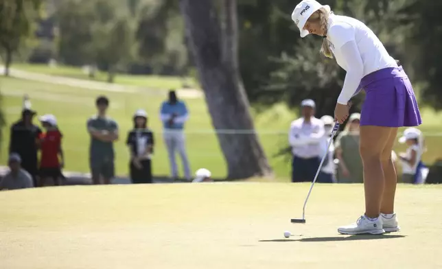 Ingrid Lindblad putts on the sixth green during the final round of the LPGA's JM Eagle LA Championship golf tournament at El Caballero Country Club Sunday, April 20, 2025, in Los Angeles. (AP Photo/Jessie Alcheh)